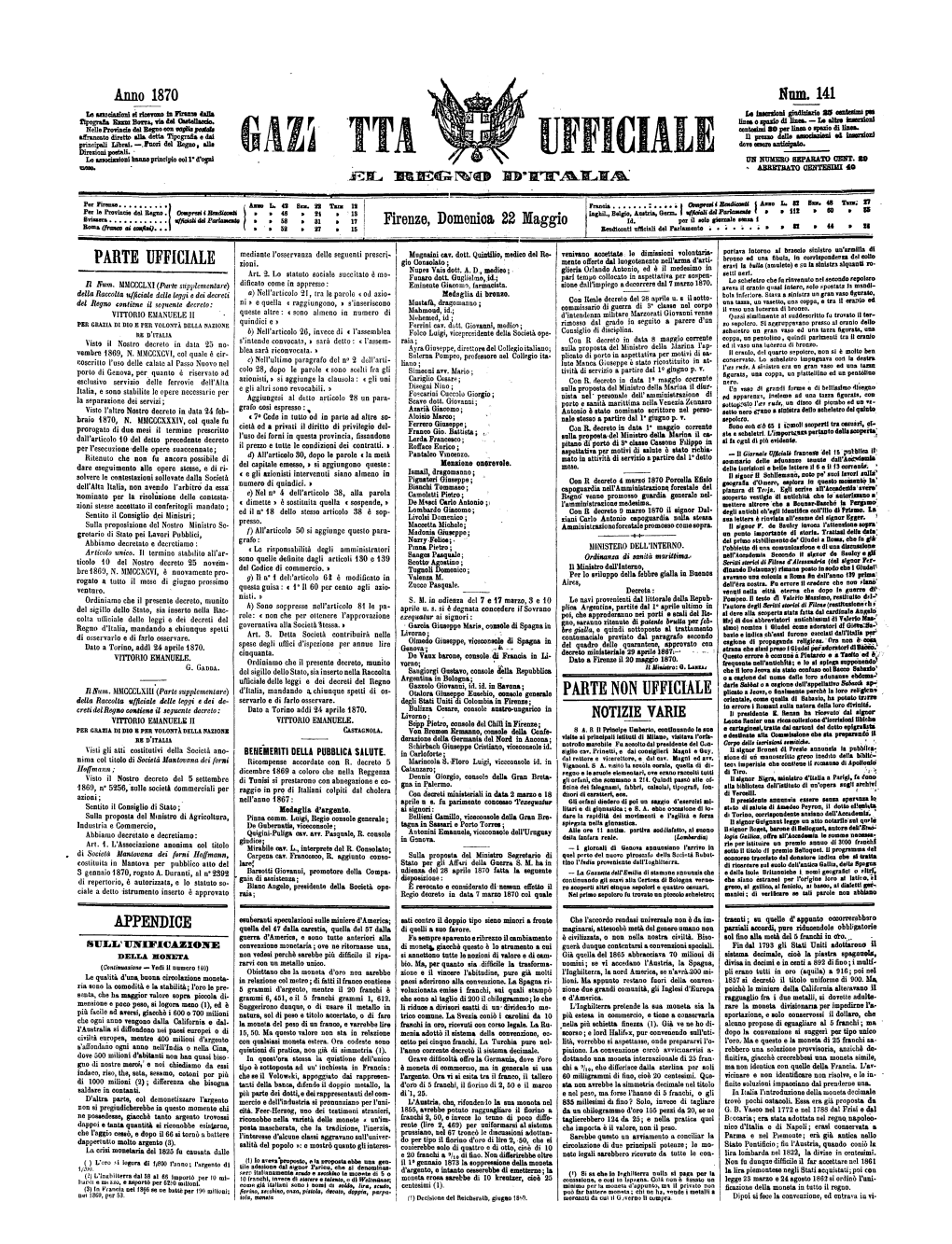 Gazzetta Ufficiale Del Regno D'italia N. 141 Del 22 Maggio 1870 Parte