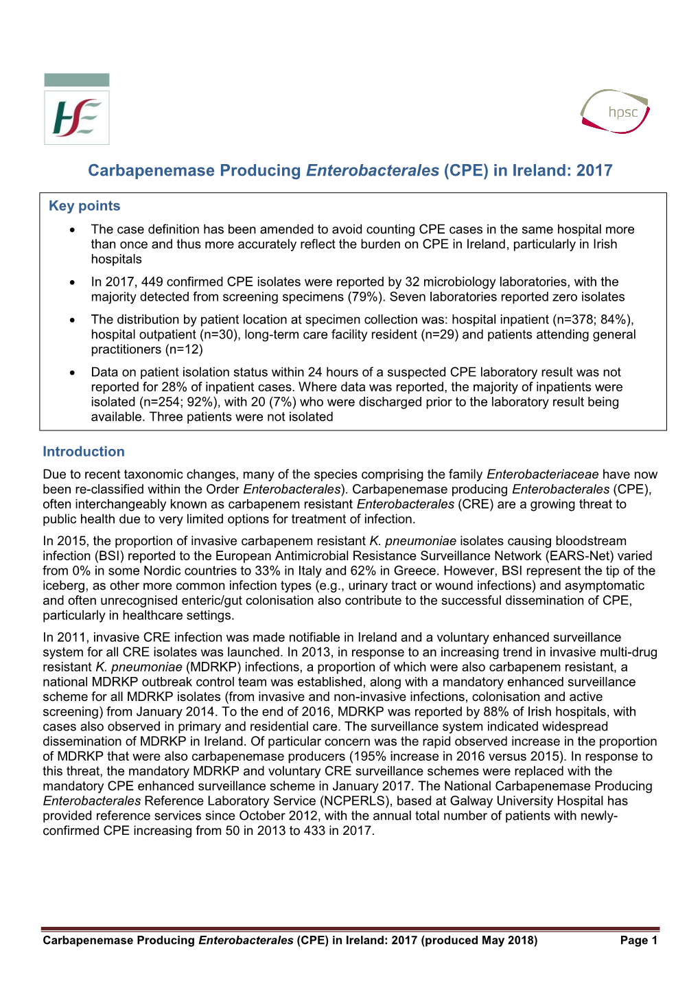 Carbapenemase Producing Enterobacterales (CPE) in Ireland: 2017