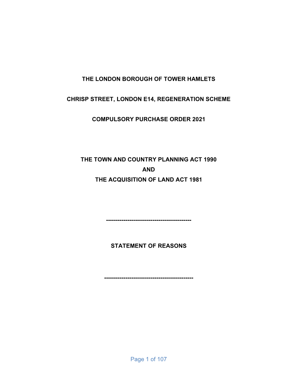 Statement of Reasons, Compulsory Purchase Order, 2021