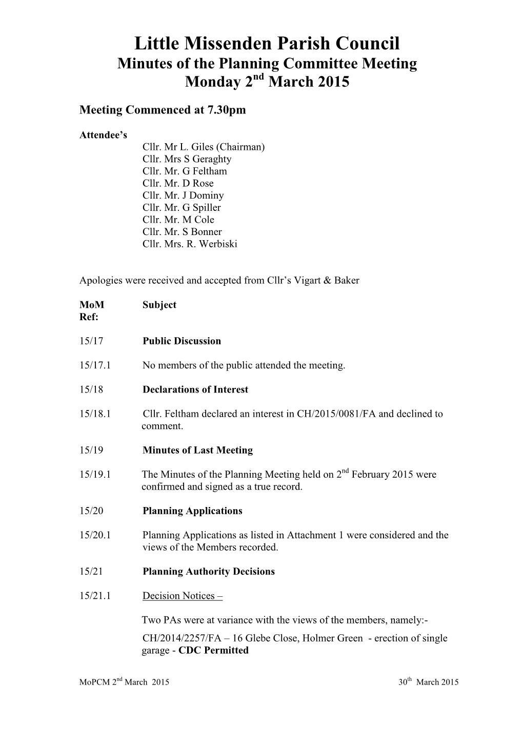 Little Missenden Parish Council Minutes of the Planning Committee Meeting Monday 2Nd March 2015