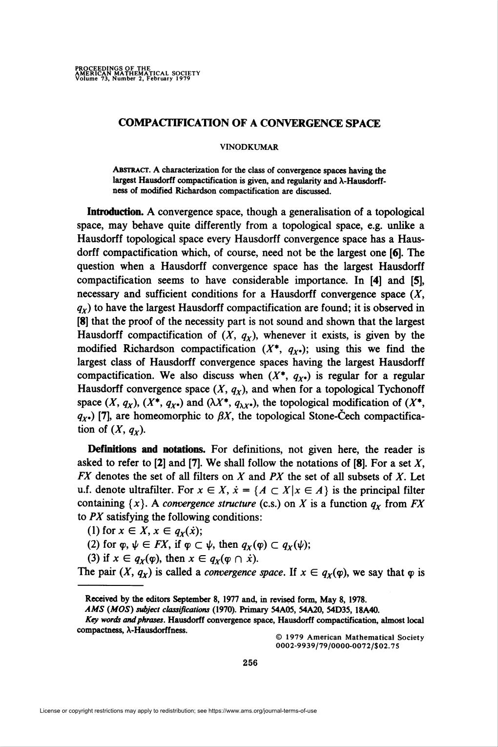 Compactification of a Convergence Space 261