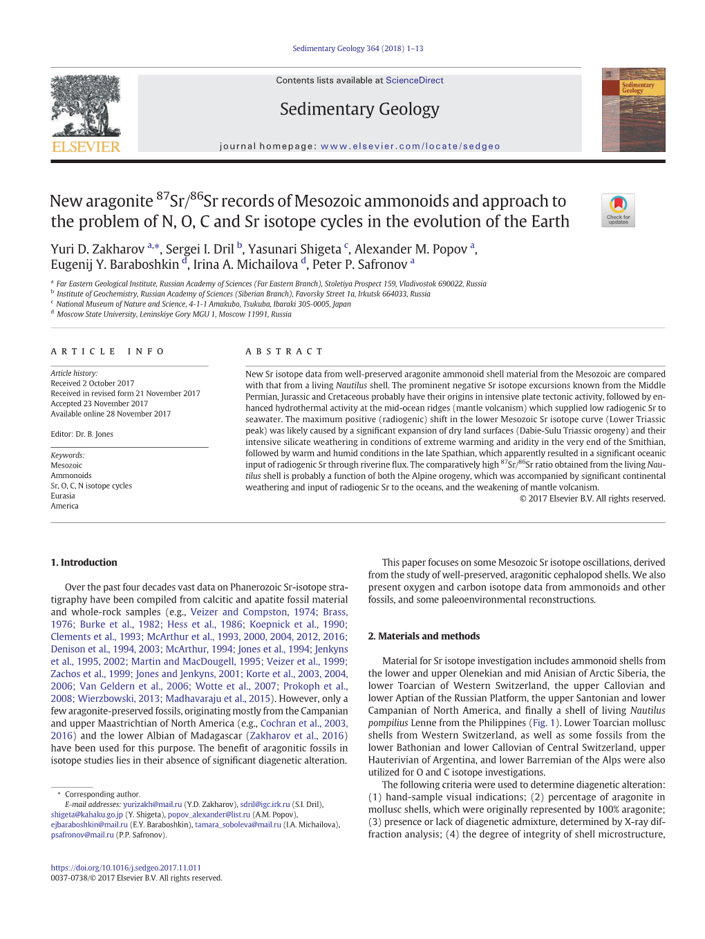 New Aragonite 87Sr/86Sr Records of Mesozoic Ammonoids and Approach to the Problem of N, O, C and Sr Isotope Cycles in the Evolution of the Earth