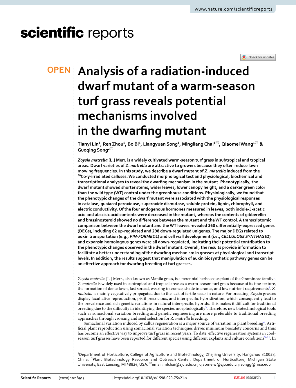 Analysis of a Radiation-Induced Dwarf Mutant of a Warm-Season Turf Grass