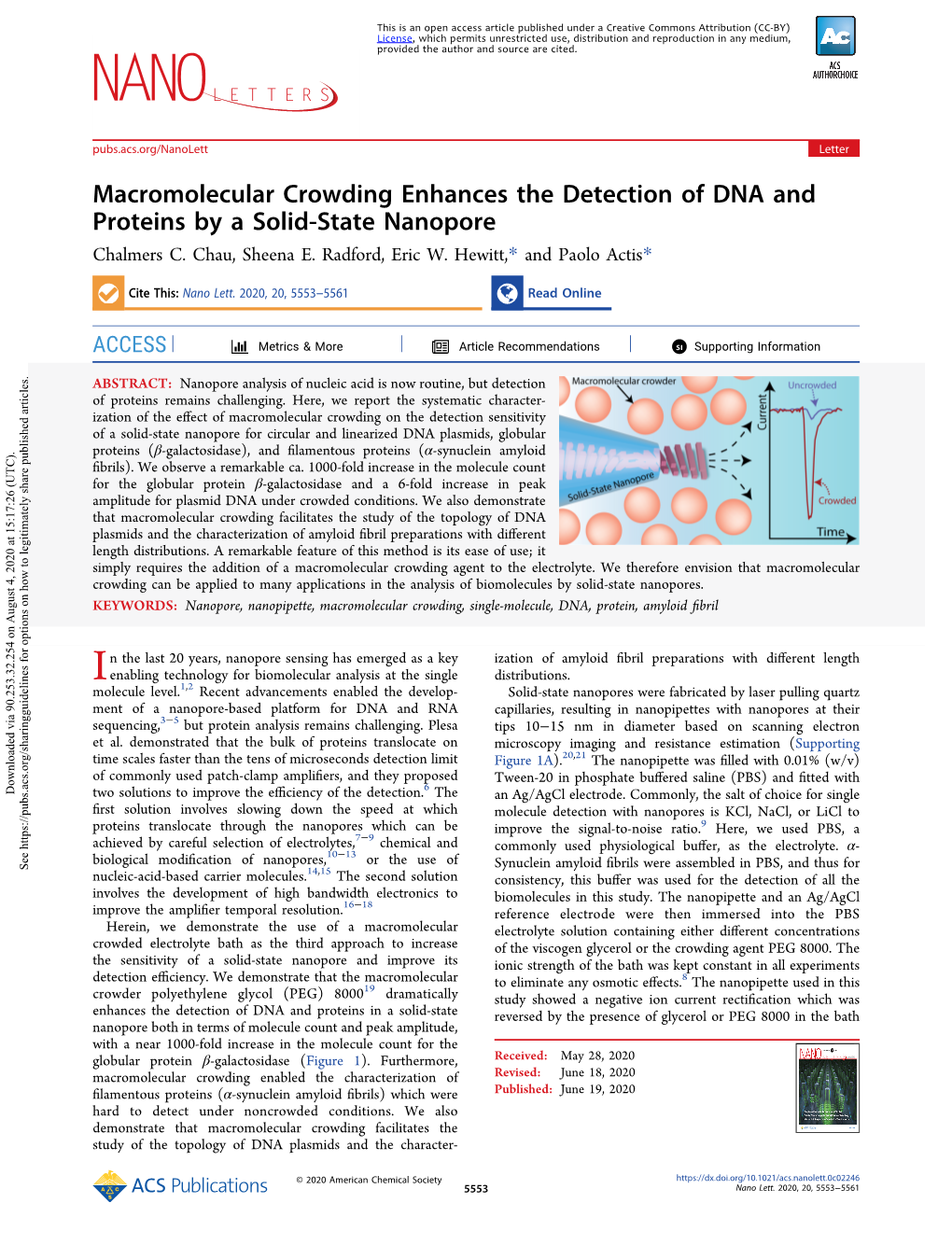 Macromolecular Crowding Enhances the Detection of DNA and Proteins by a Solid-State Nanopore Chalmers C