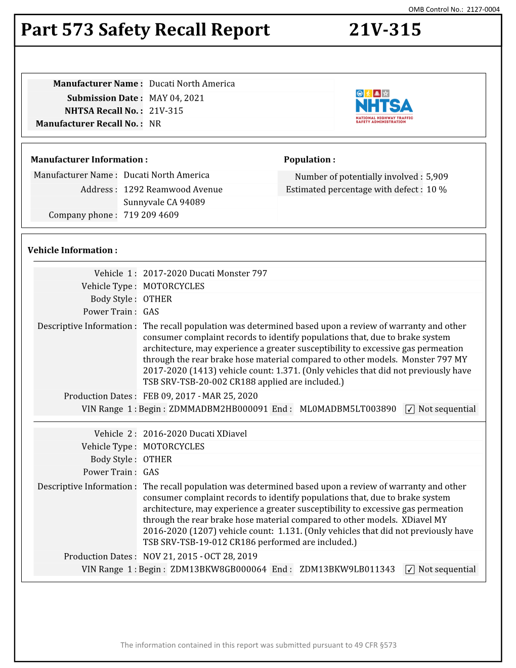 Part 573 Safety Recall Report 21V-315