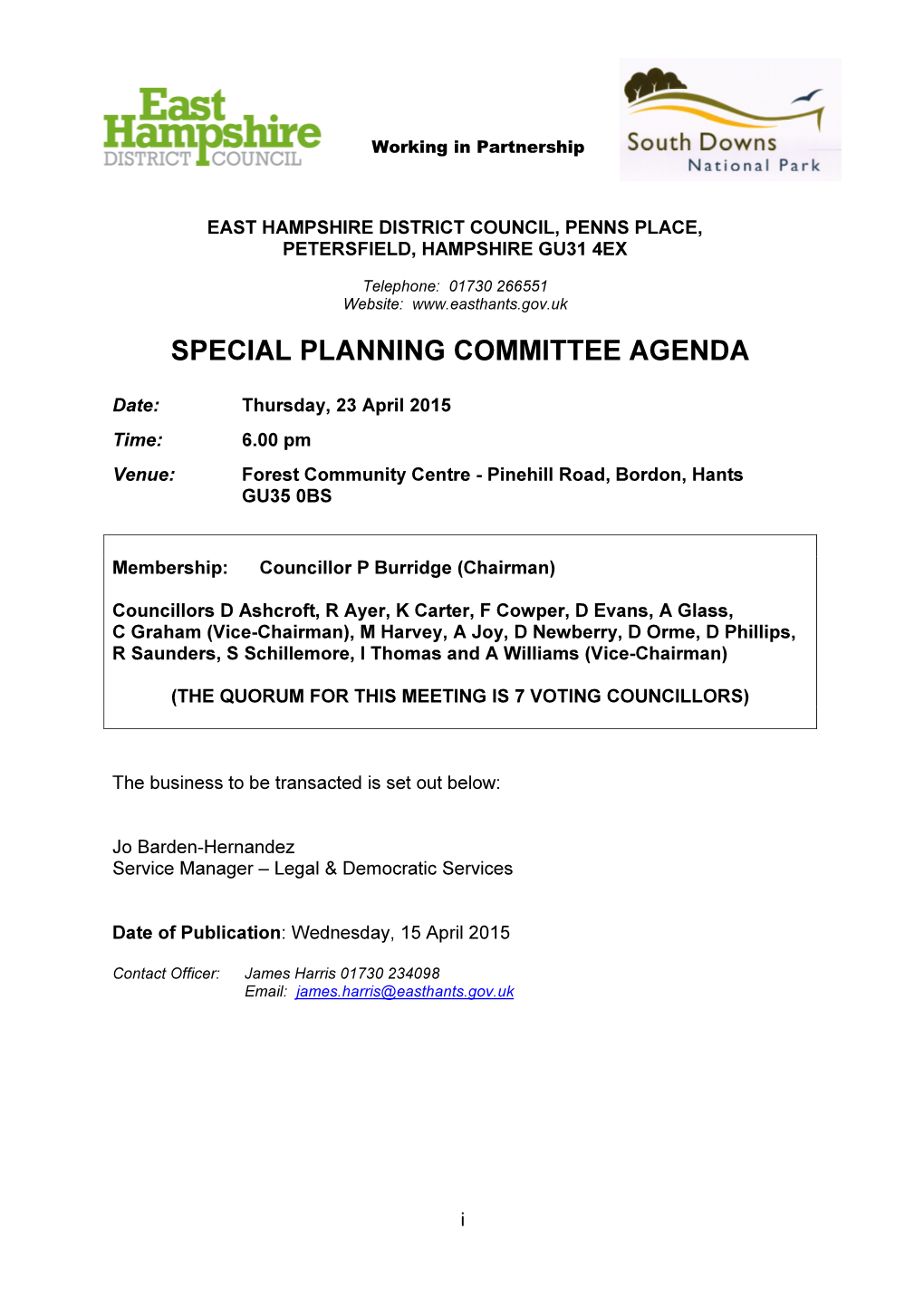 Special Planning Committee Agenda