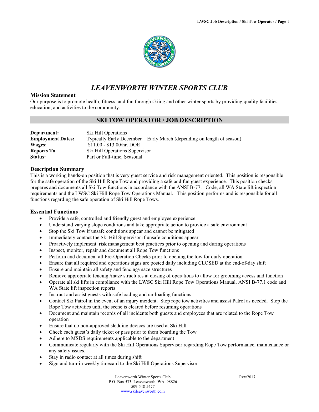 LWSC Job Description / Ski Tow Operator / Page 2