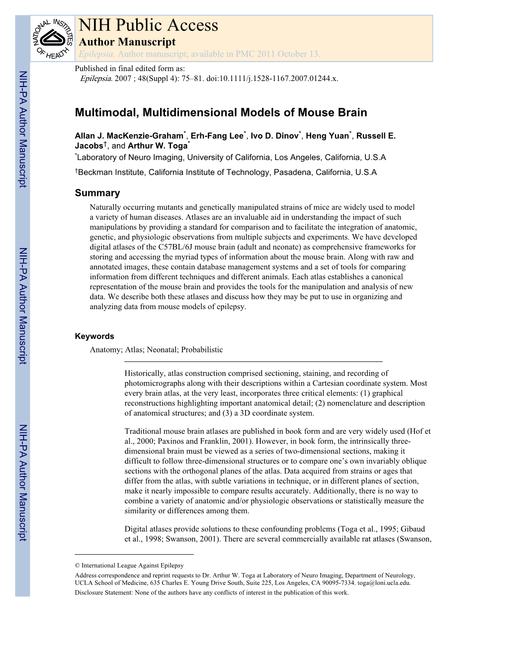 Multimodal, Multidimensional Models of Mouse Brain