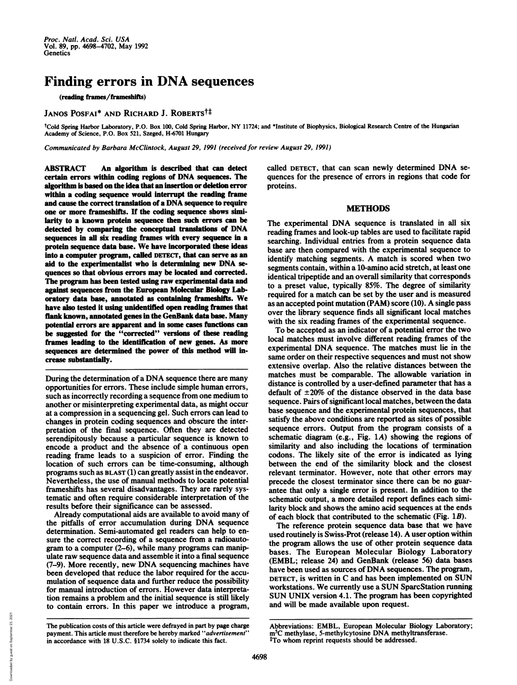 Finding Errors in DNA Sequences (Reading Frams/Frameshifts) JANOS POSFAI* and RICHARD J