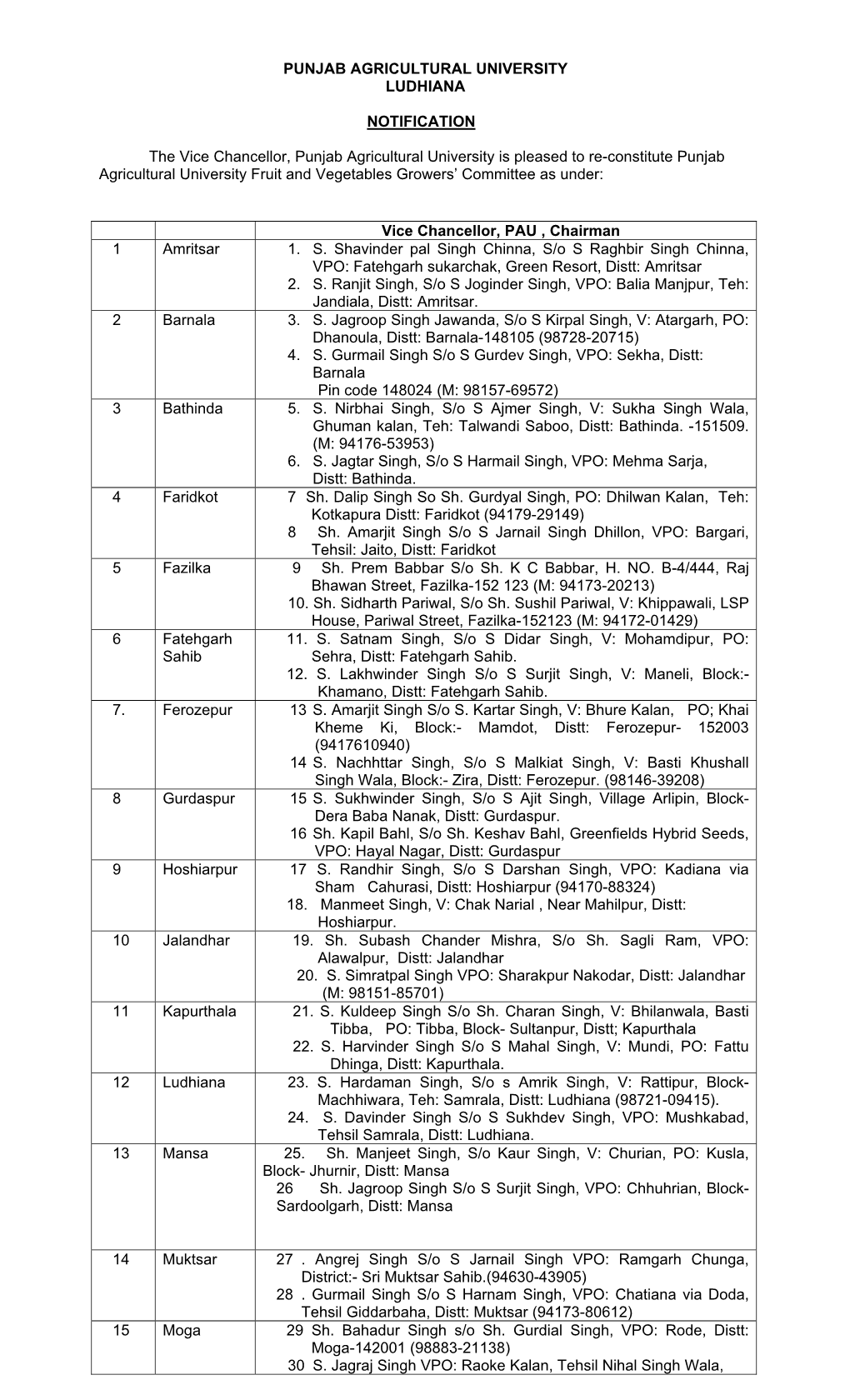 Fruit and Vegetables Growers' Committee