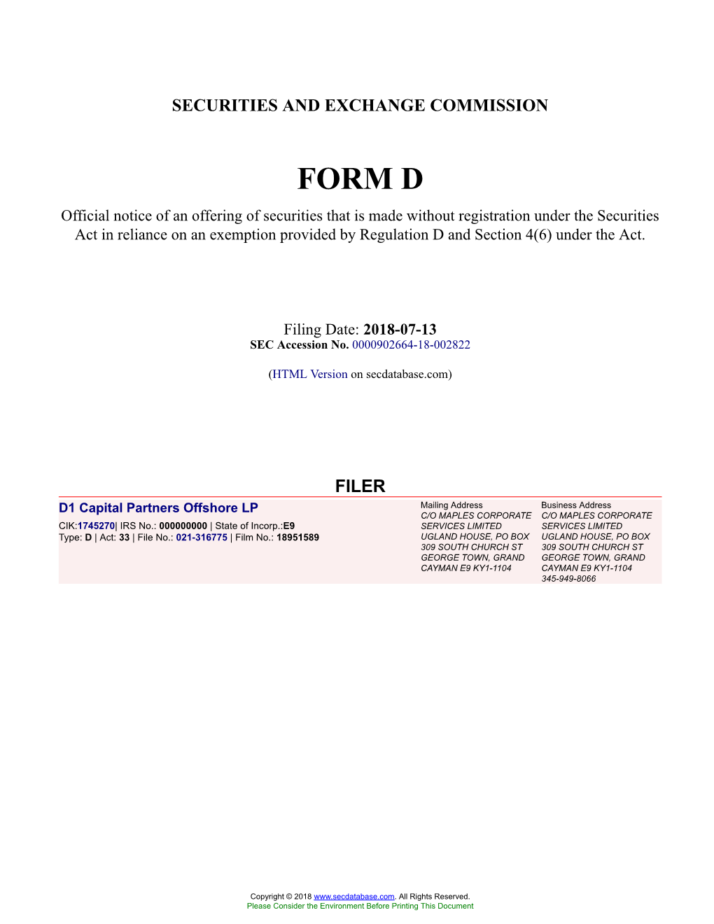 D1 Capital Partners Offshore LP Form D Filed 2018-07-13