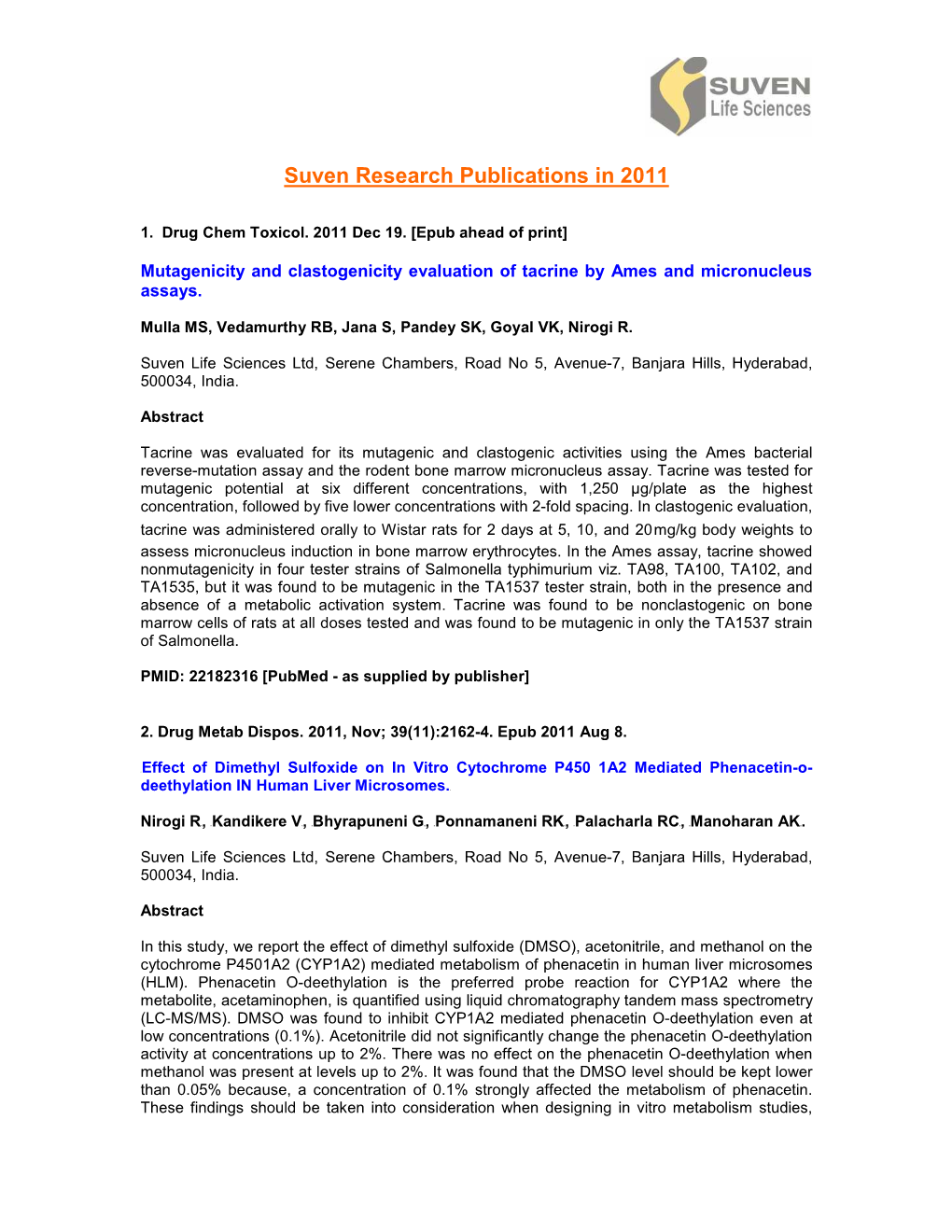 Suven Research Publications in 2011