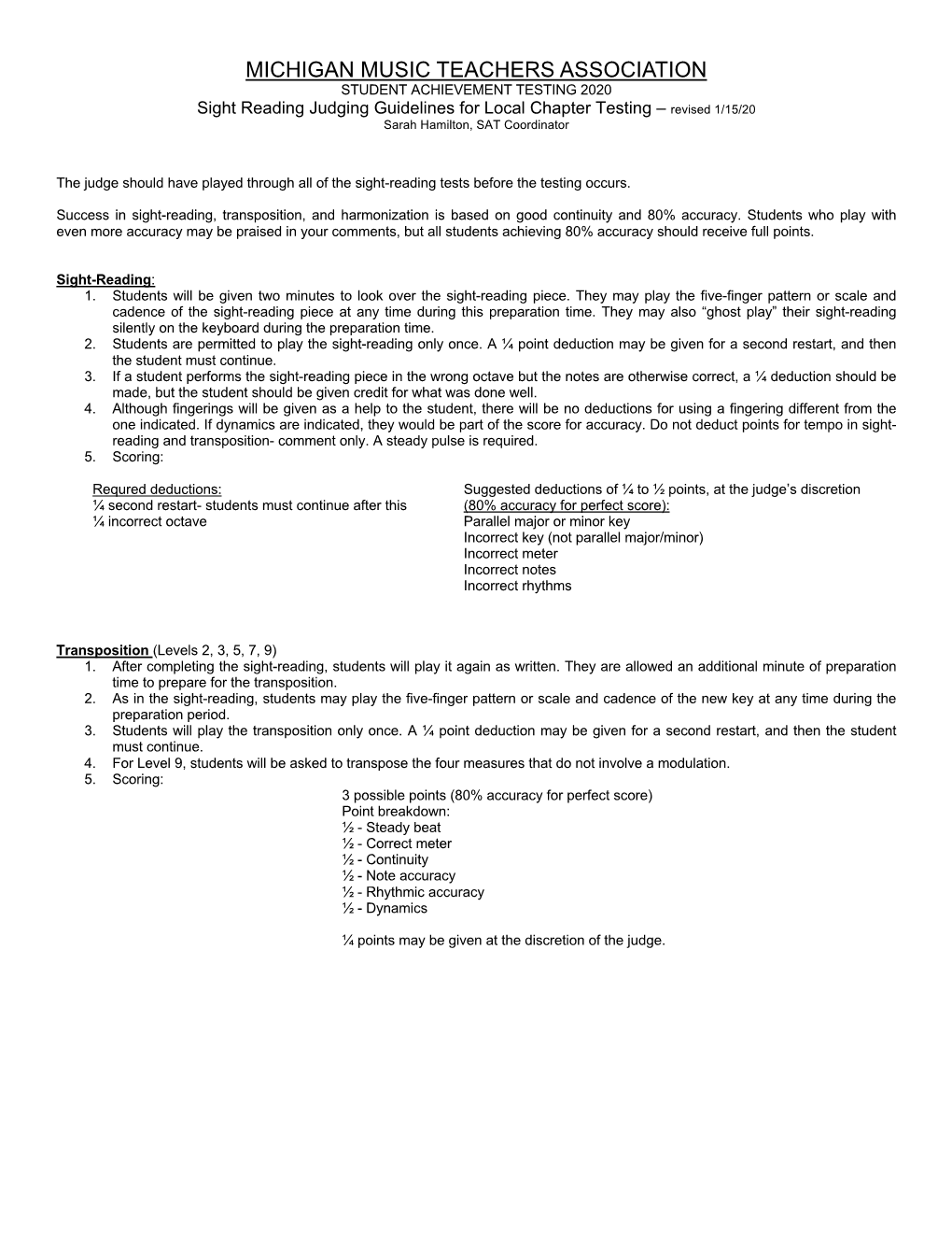 2020 Sight Reading Judging Guidelines for Local Chapter Testing – Revised 1/15/20 Sarah Hamilton, SAT Coordinator