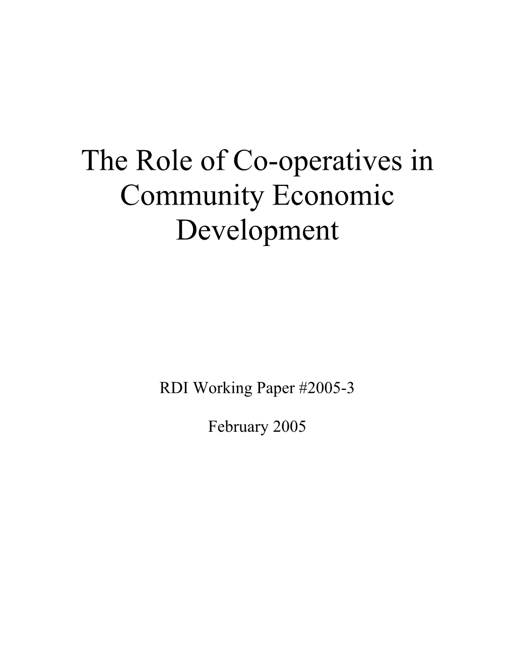 The Role of Co-Operatives in Community Economic Development