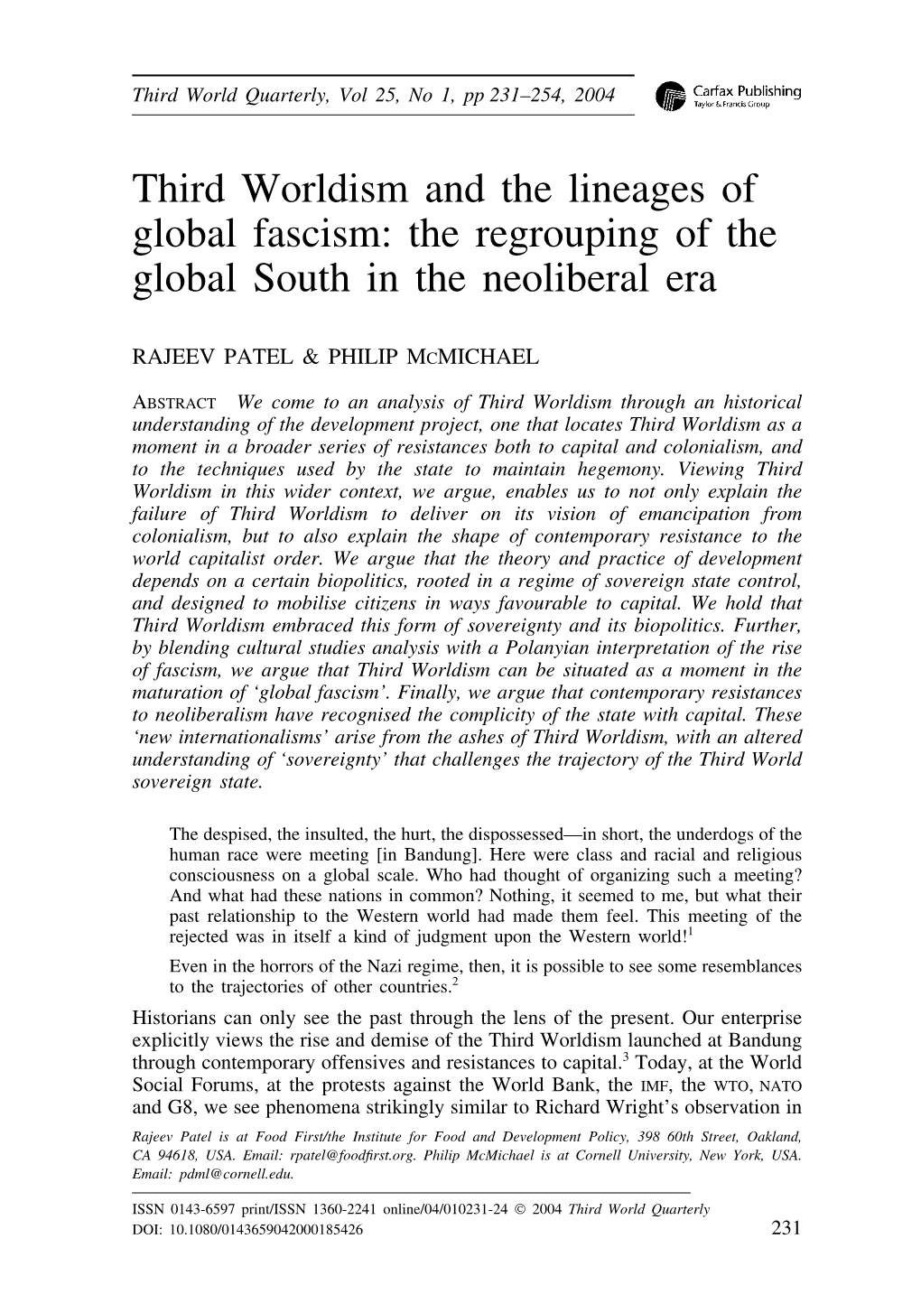 Third Worldism and the Lineages of Global Fascism: the Regrouping of the Global South in the Neoliberal Era