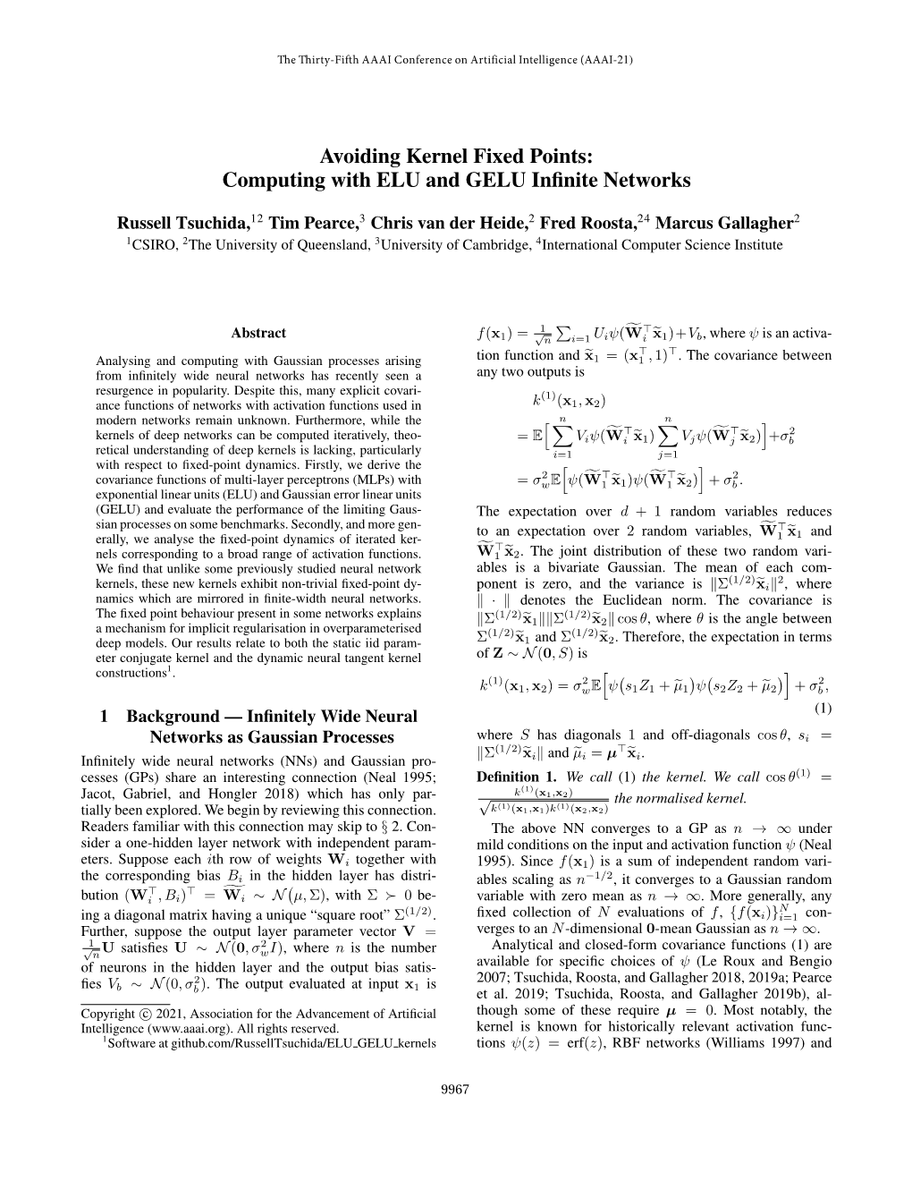 Avoiding Kernel Fixed Points: Computing with ELU and GELU Inﬁnite Networks