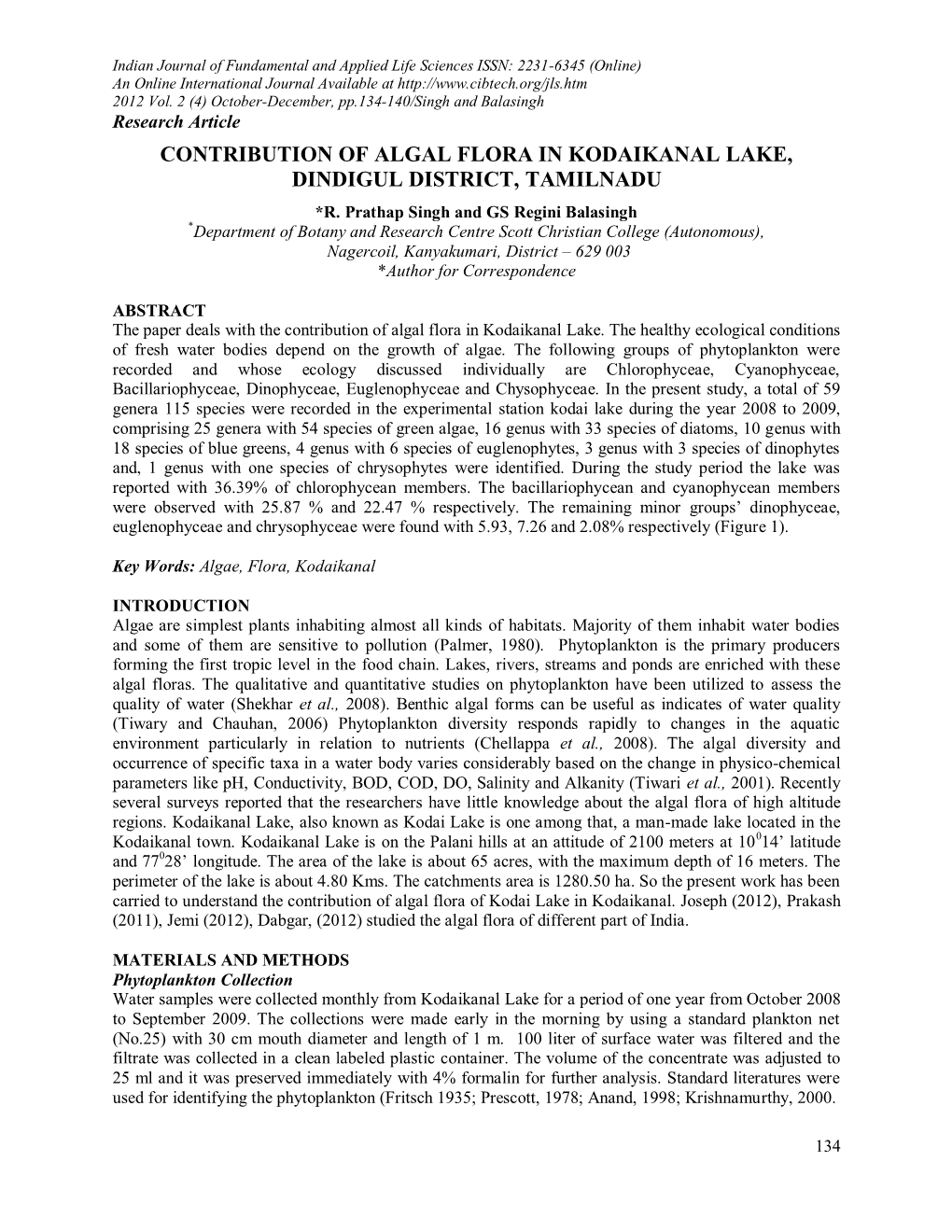 Contribution of Algal Flora in Kodaikanal Lake, Dindigul District, Tamilnadu