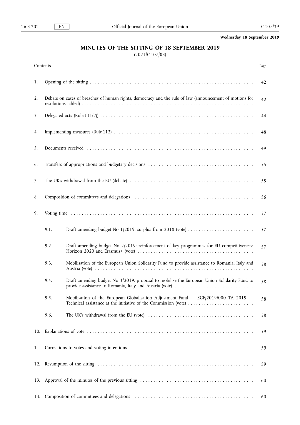 Minutes of the Sitting of 18 September 2019 (2021/C 107/03)