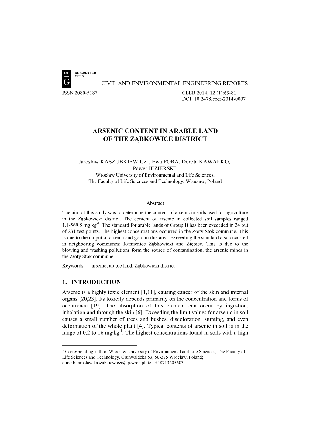 Arsenic Content in Arable Land of the Ząbkowice District