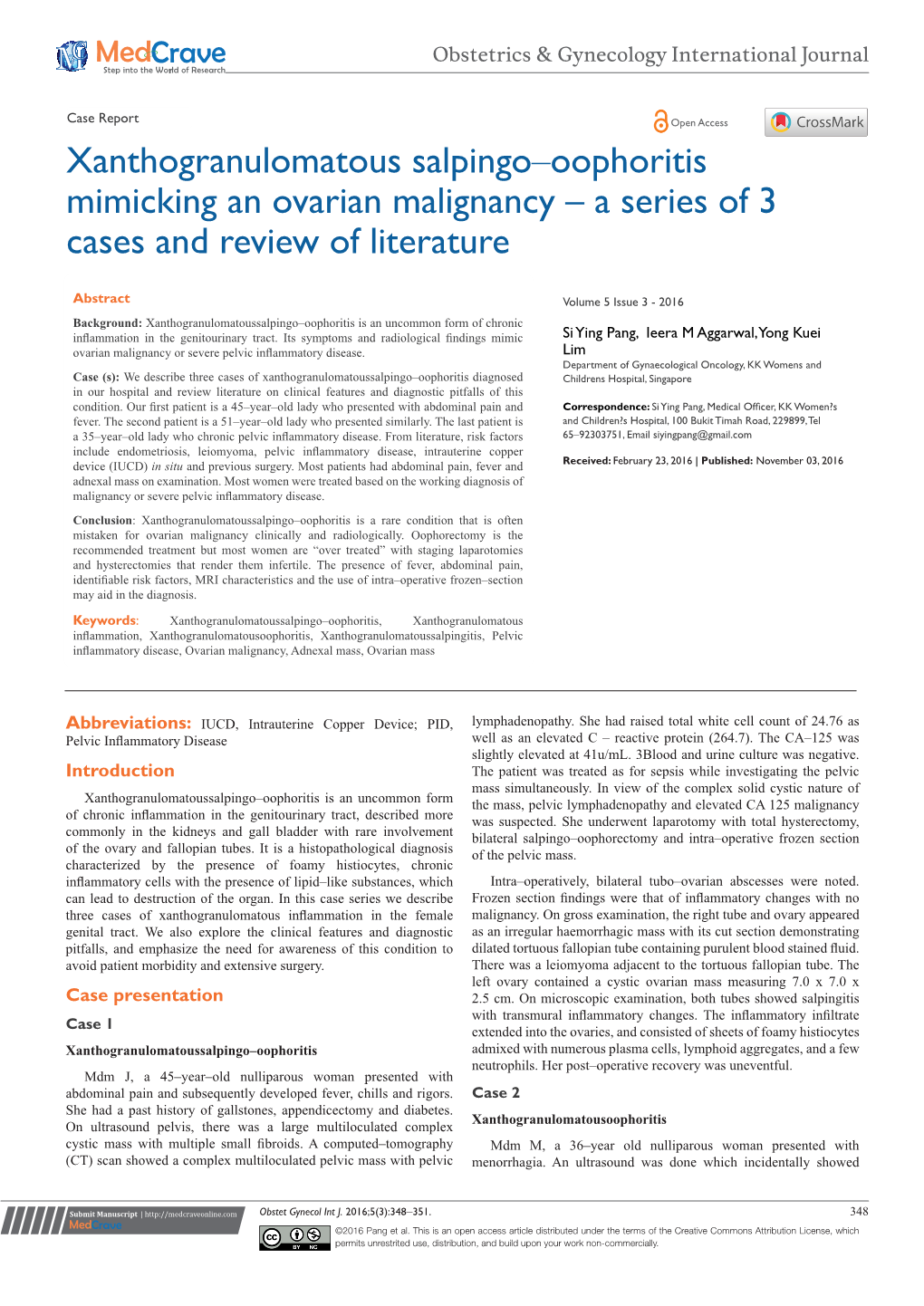 Xanthogranulomatous Salpingo‒Oophoritis Mimicking an Ovarian Malignancy – a Series of 3 Cases and Review of Literature