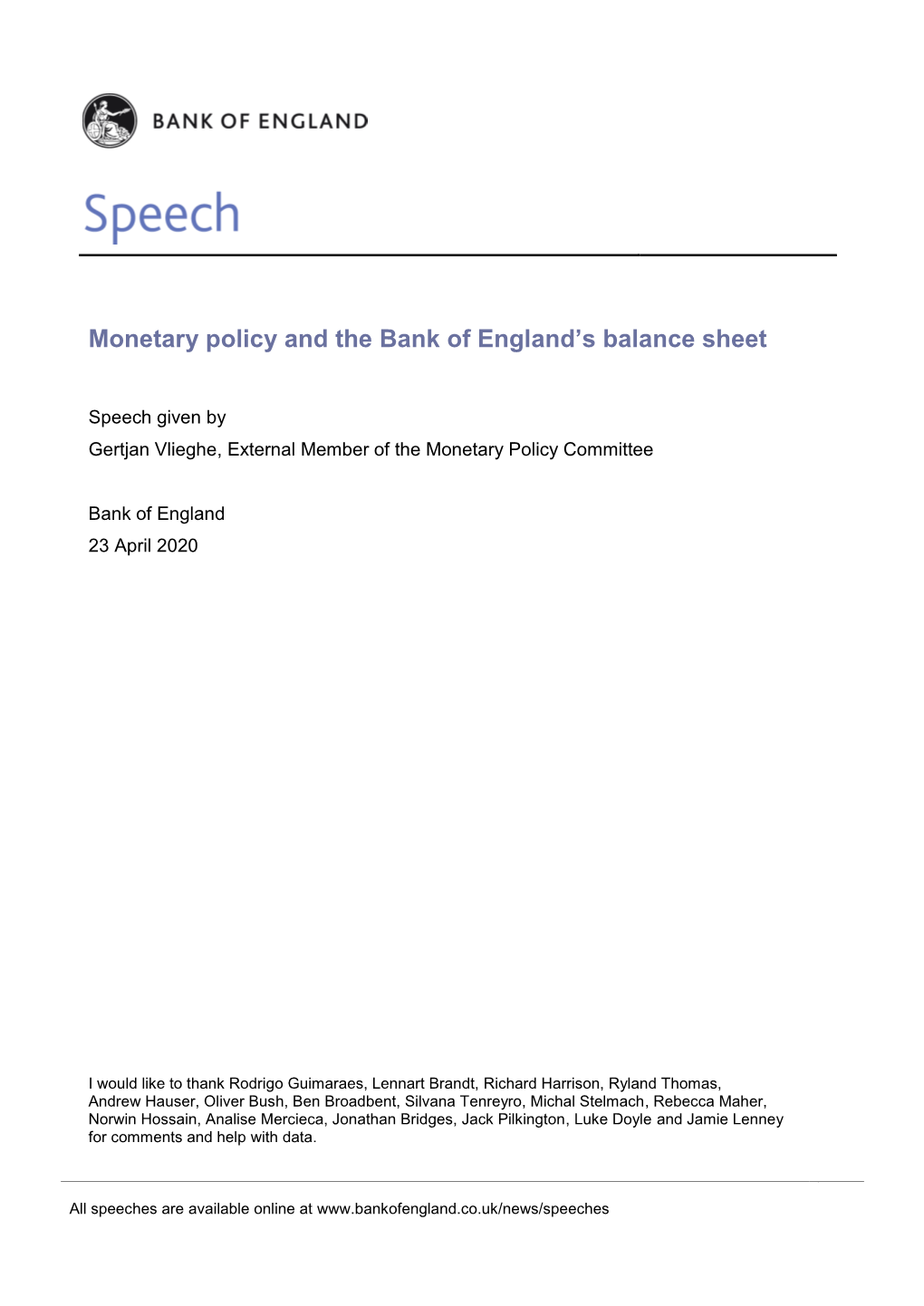 Speech by Gertjan Vlieghe on Monetary Policy And