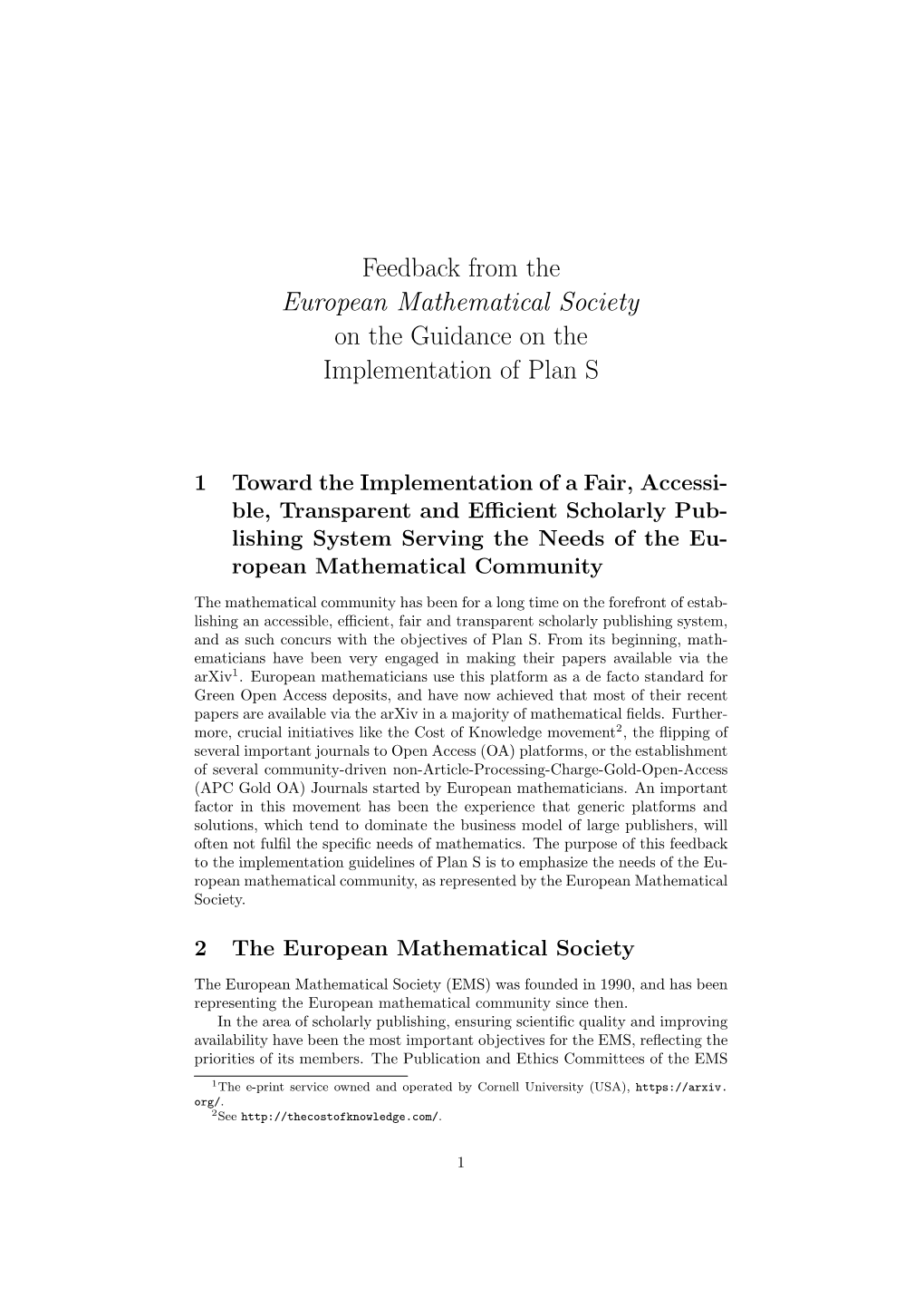 Feedback from the European Mathematical Society on the Guidance on the Implementation of Plan S