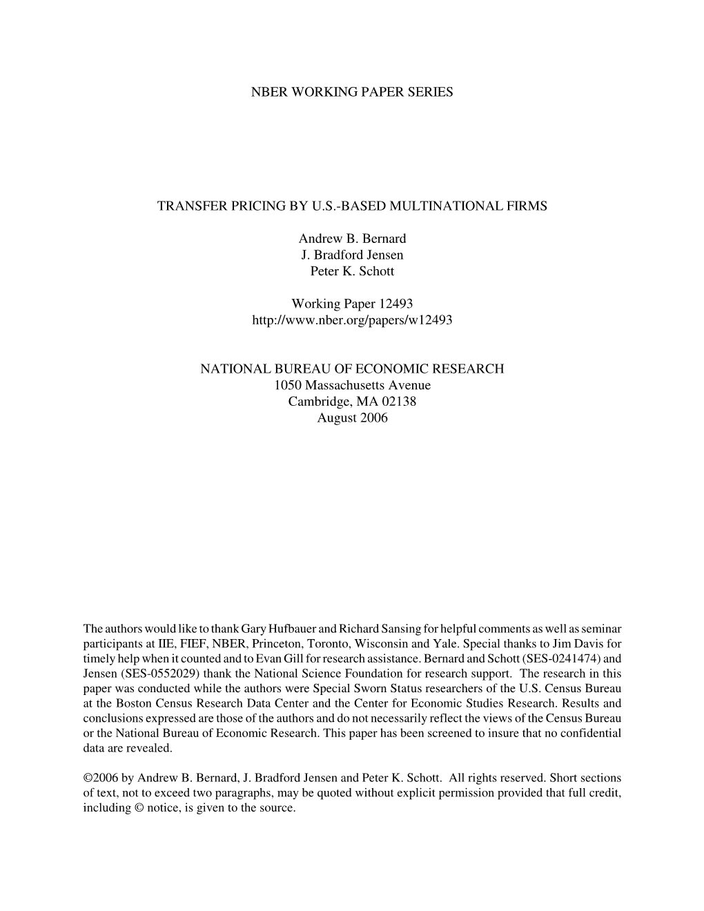 Nber Working Paper Series Transfer Pricing by U.S