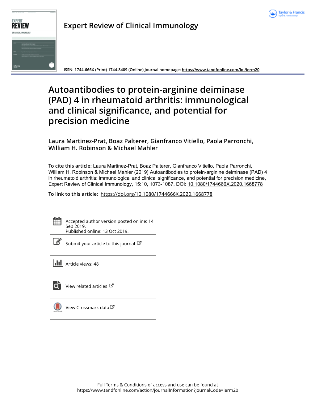 Autoantibodies to Protein-Arginine Deiminase (PAD) 4 in Rheumatoid Arthritis: Immunological and Clinical Significance, and Potential for Precision Medicine