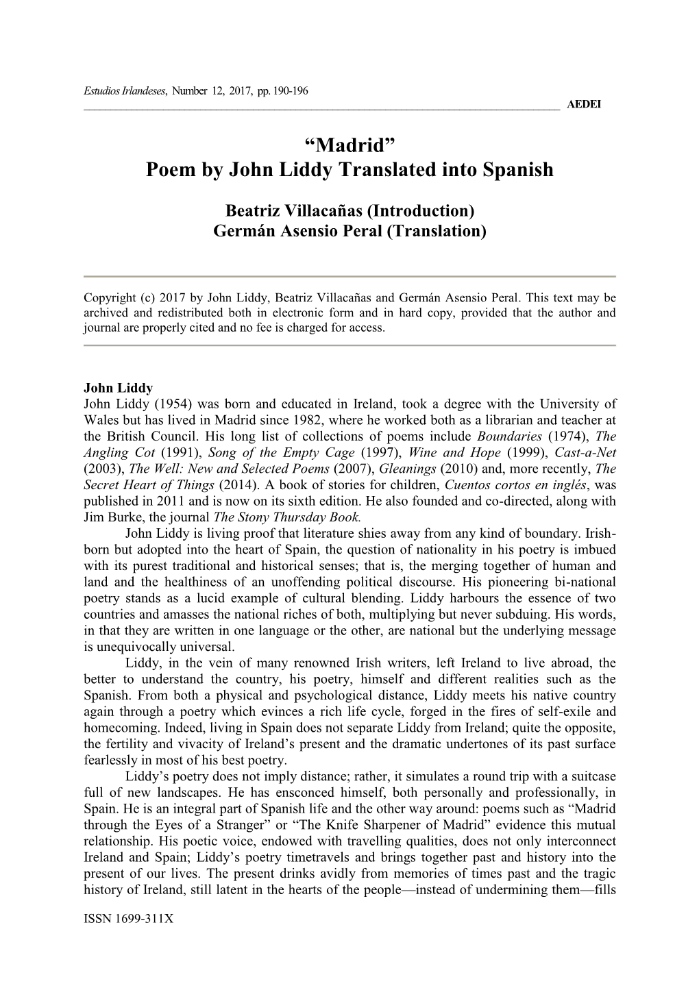 “Madrid” Poem by John Liddy Translated Into Spanish