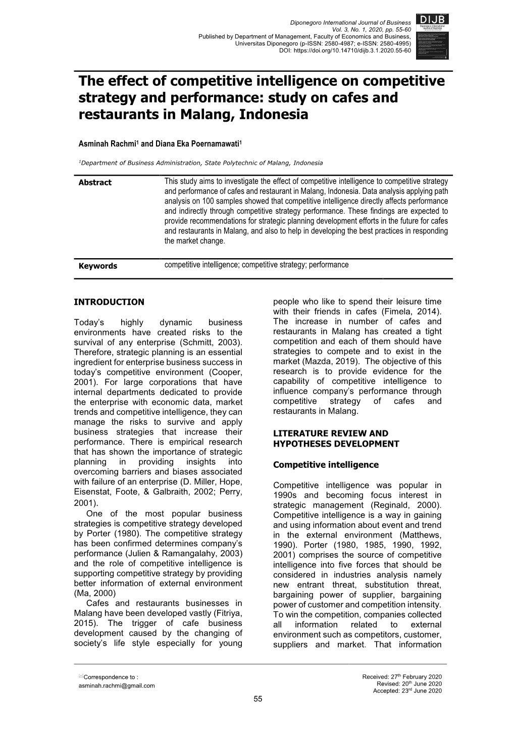 The Effect of Competitive Intelligence on Competitive Strategy and Performance: Study on Cafes and Restaurants in Malang, Indonesia
