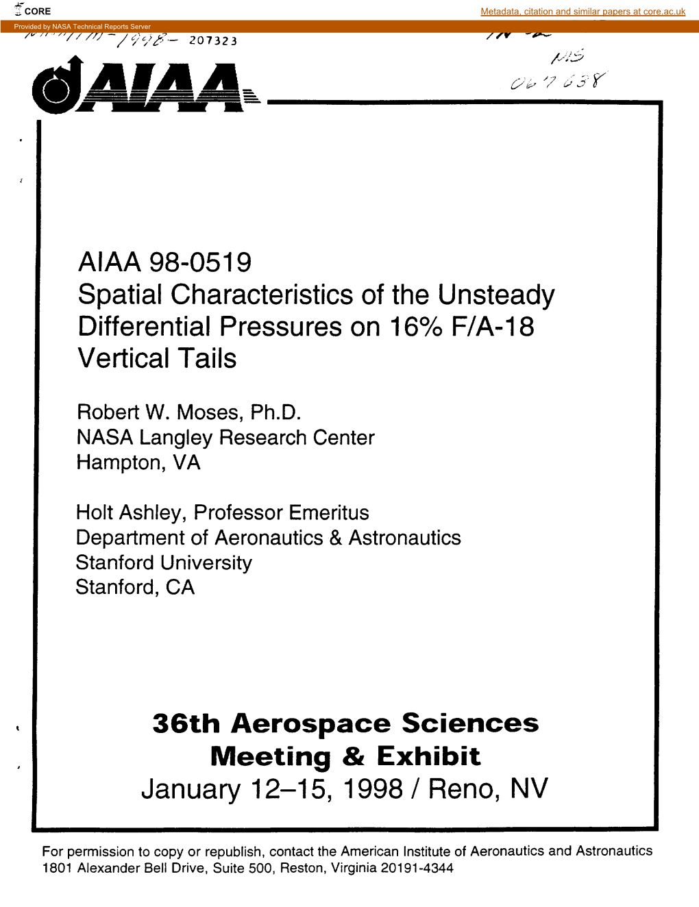 AIAA 98-0519 Spatial Characteristics of the Unsteady Differential Pressures on 16% F/A-18 Vertical Tails 36Th Aerospace Sciences