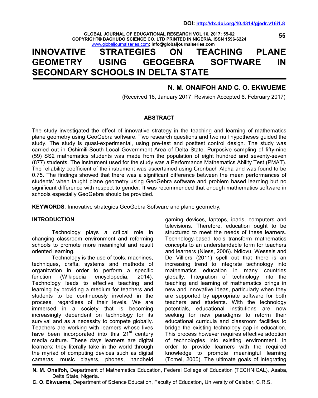 Innovative Strategies on Teaching Plane Geometry Using Geogebra Software in Secondary Schools in Delta State