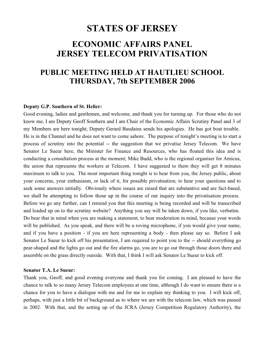 Economic Affairs Panel Jersey Telecom Privatisation