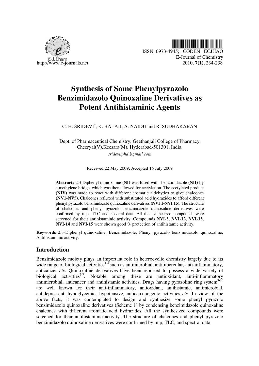 Synthesis of Some Phenylpyrazolo Benzimidazolo Quinoxaline Derivatives As Potent Antihistaminic Agents