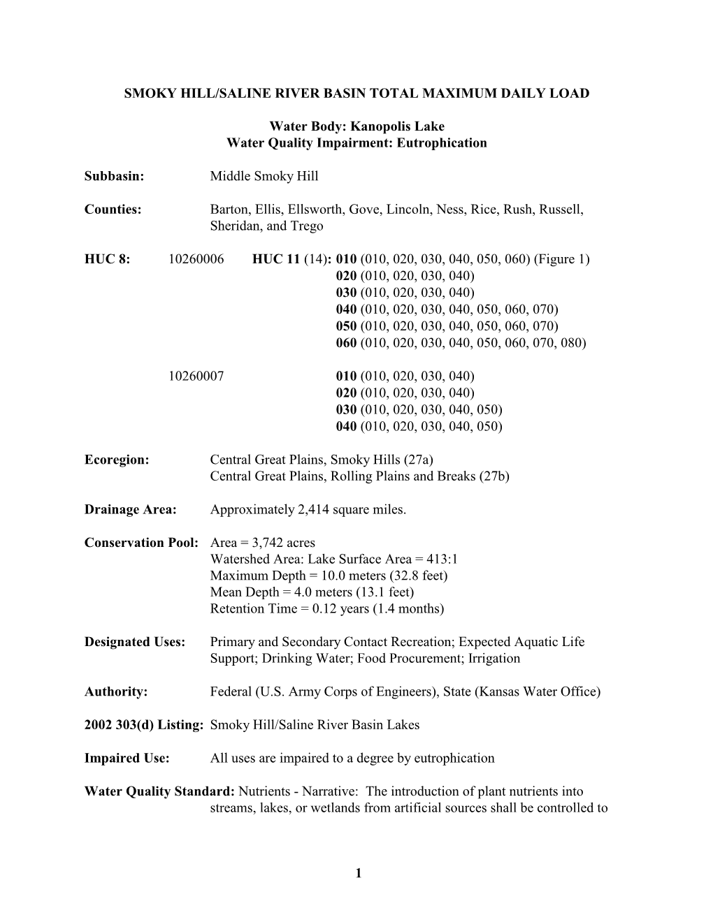 Kanopolis Lake Water Quality Impairment: Eutrophication