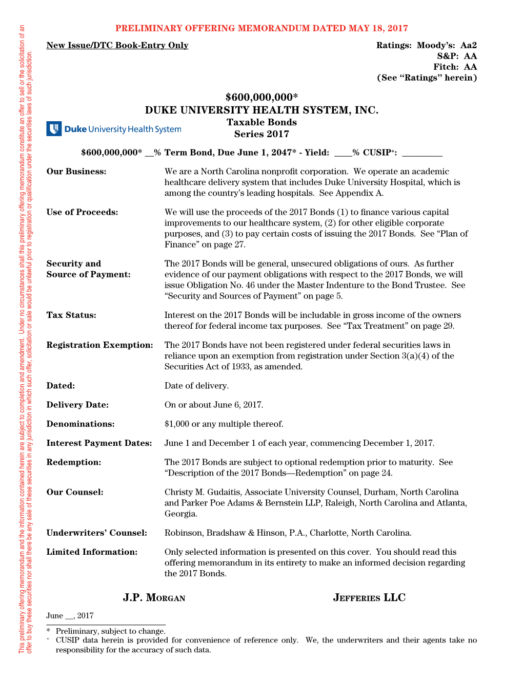 Duke University Health System, Inc. and References to “Bonds” Or “Securities” Mean the 2017 Bonds Offered Hereby