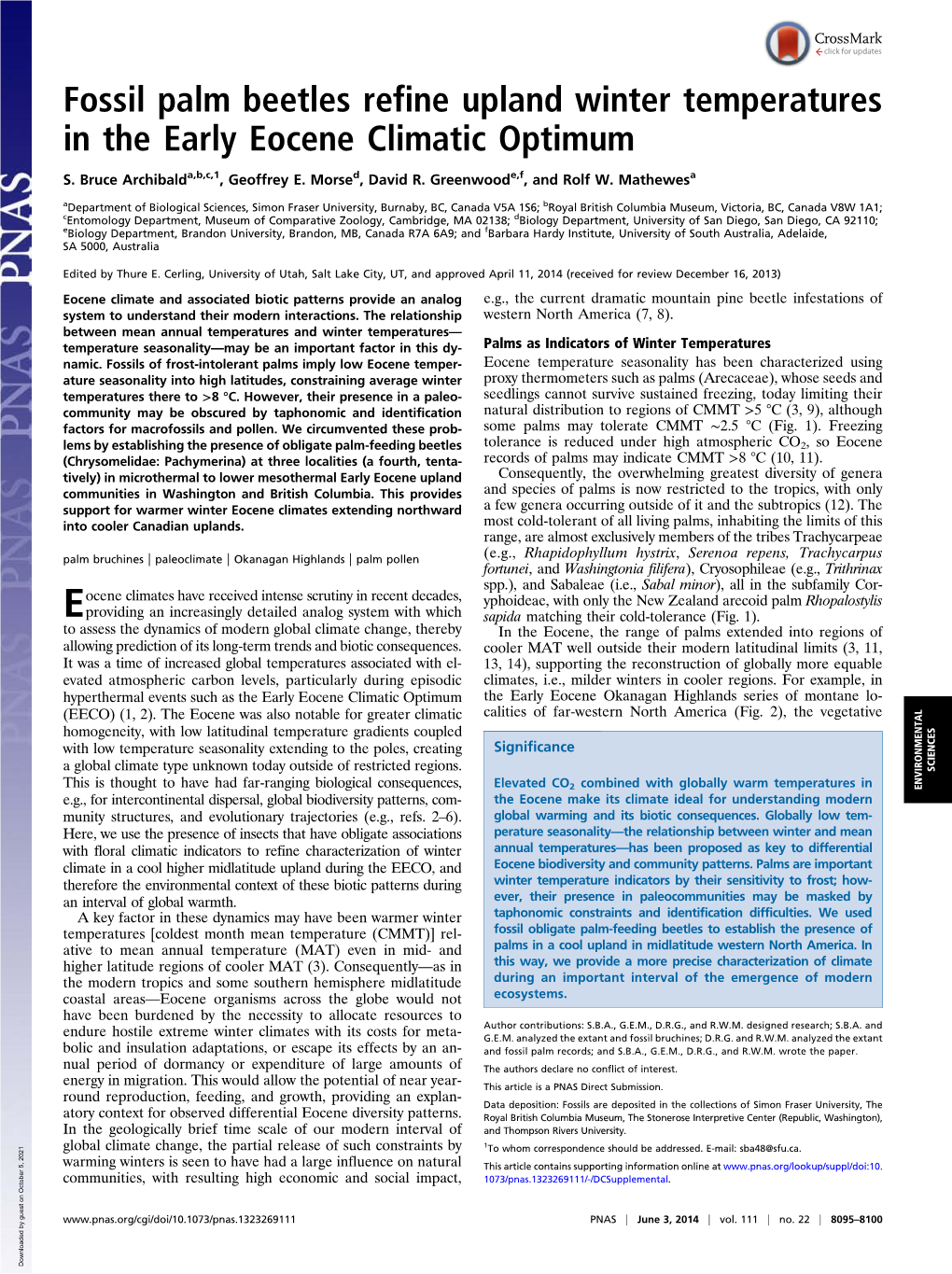 Fossil Palm Beetles Refine Upland Winter Temperatures in the Early Eocene Climatic Optimum