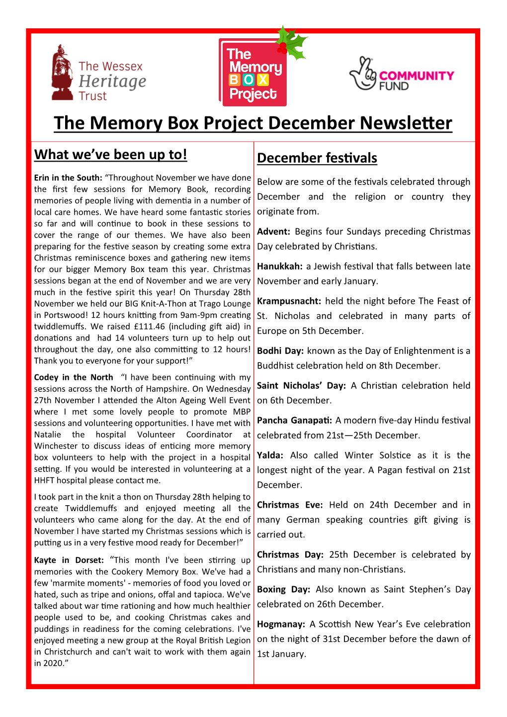 The Memory Box Project December Newsletter