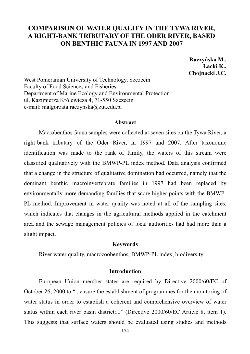 Comparison of Water Quality in the Tywa River, a Right-Bank Tributary of the Oder River, Based on Benthic Fauna in 1997 and 2007