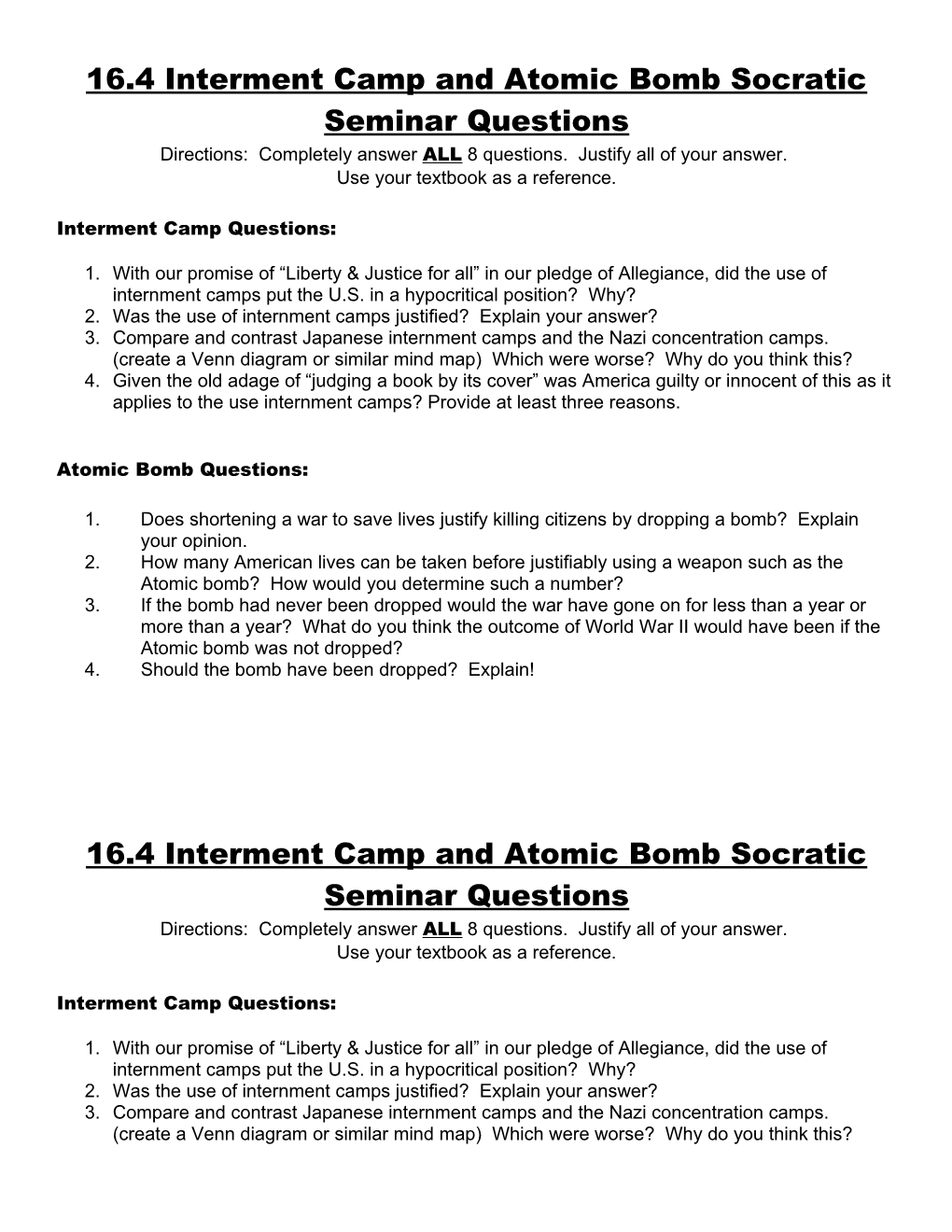 16.4 Interment Camp and Atomic Bomb Socratic Seminar Questions