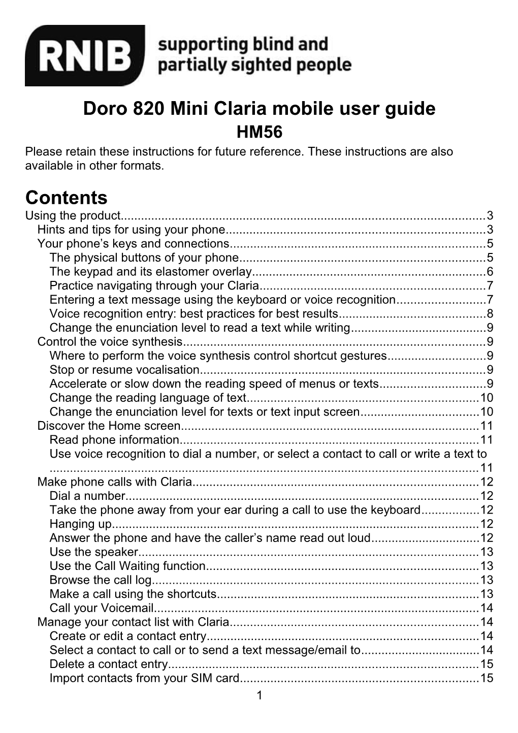 Doro 820 Mini Claria Mobile User Guide