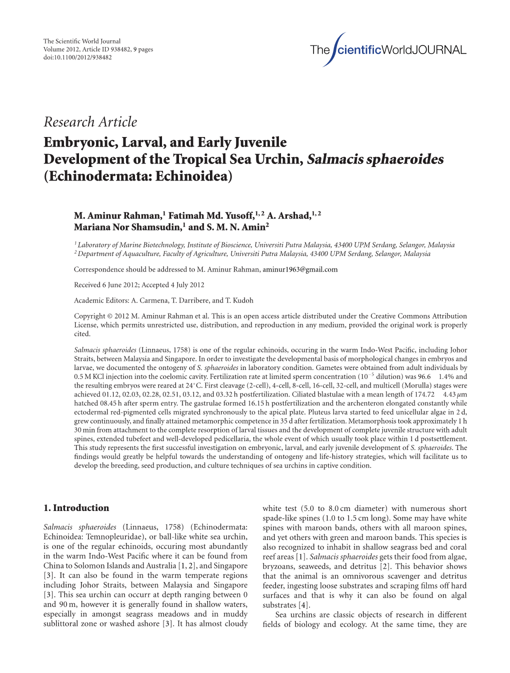 Embryonic, Larval, and Early Juvenile Development of the Tropical Sea Urchin, Salmacis Sphaeroides (Echinodermata: Echinoidea)