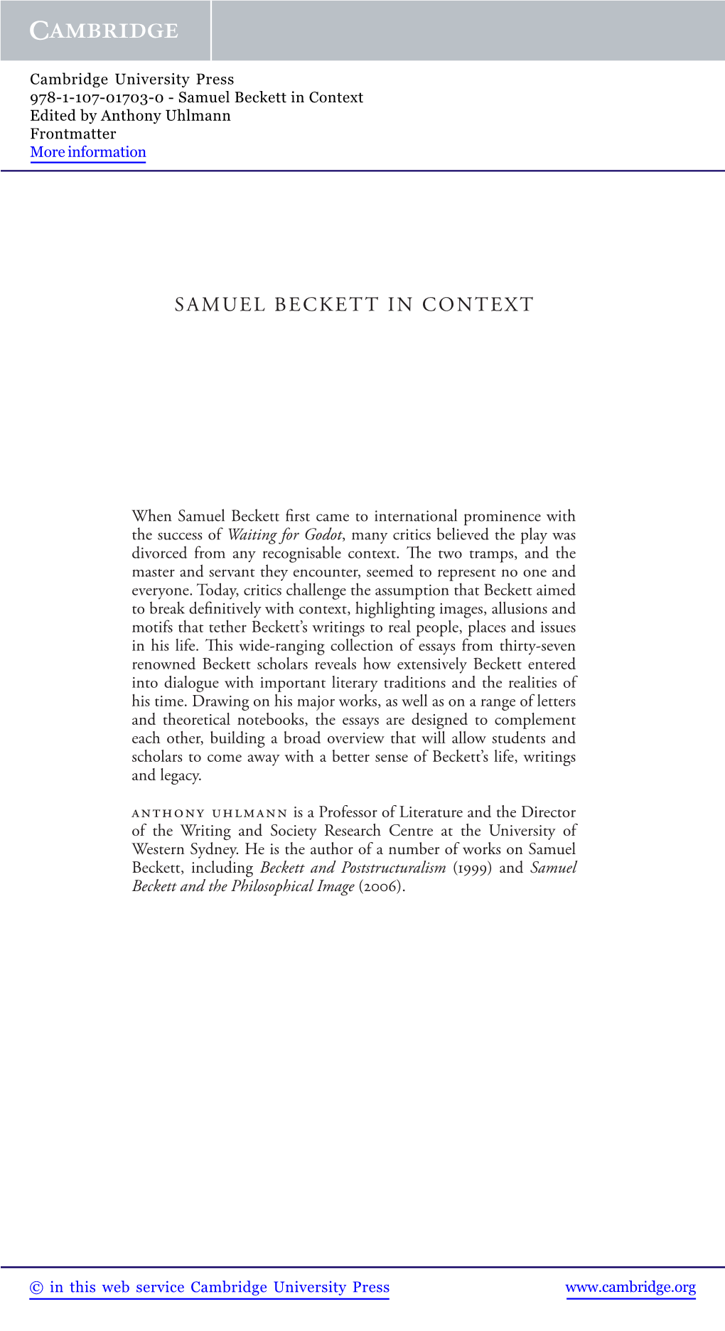 Samuel Beckett in Context Edited by Anthony Uhlmann Frontmatter More Information