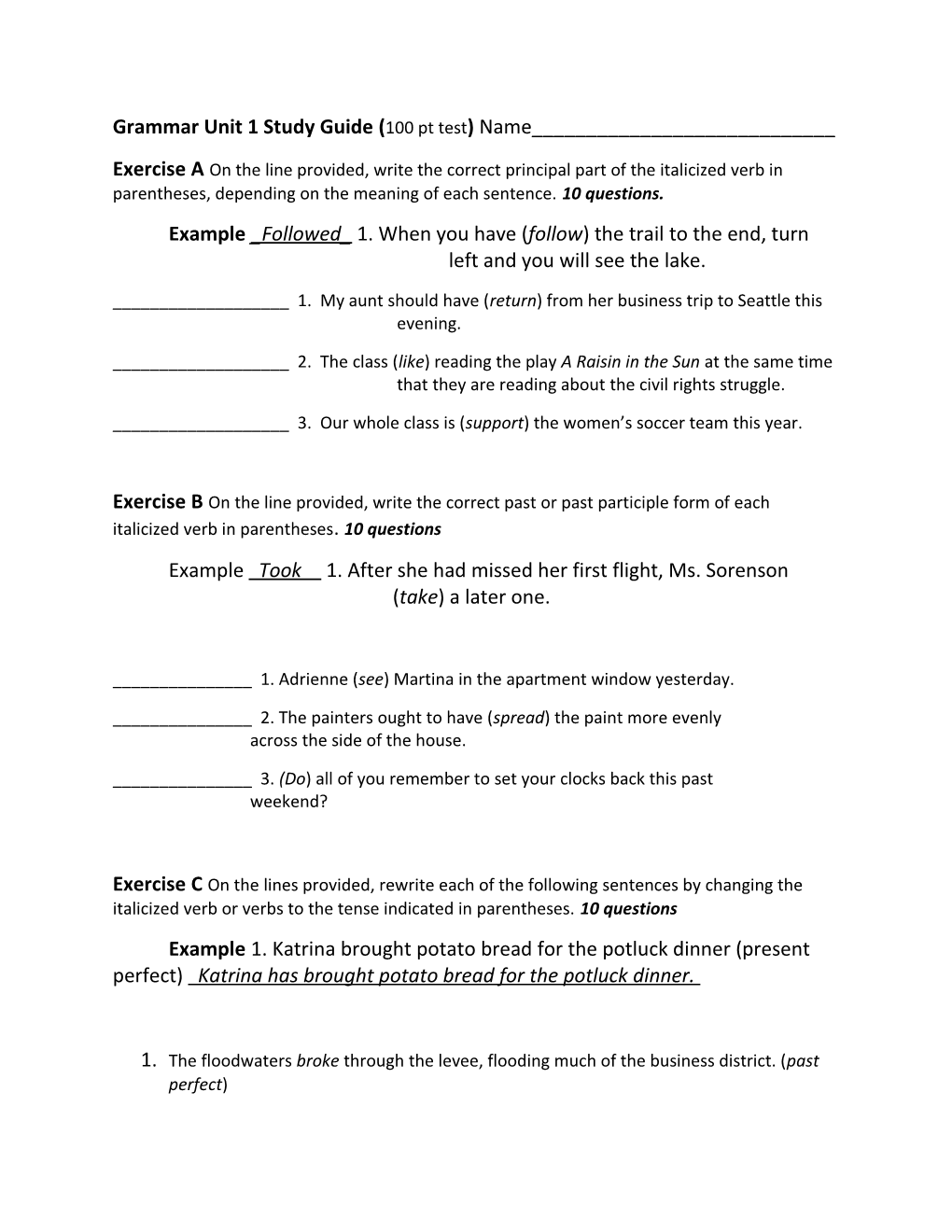 Grammar Unit 1 Study Guide (100 Pt Test) Name______