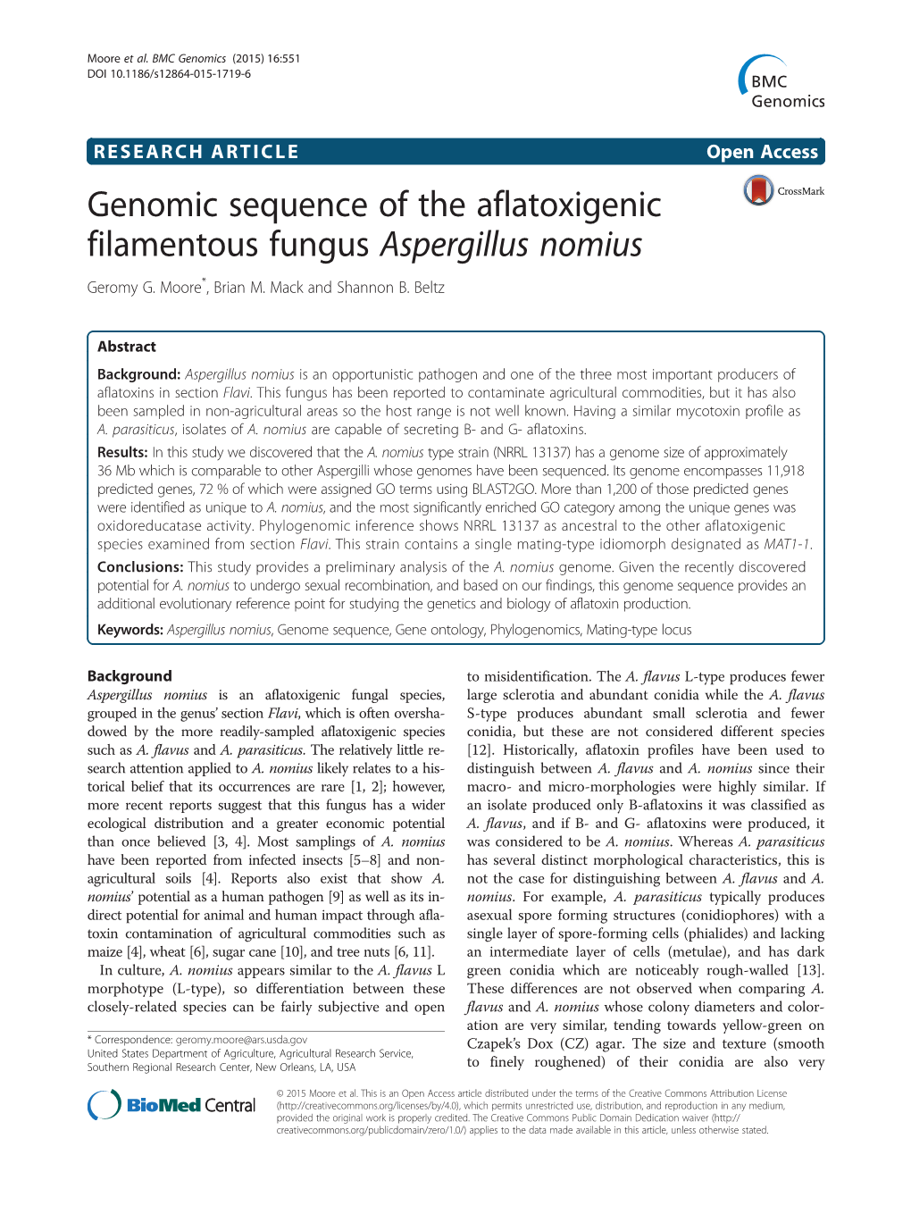 Genomic Sequence of the Aflatoxigenic Filamentous Fungus Aspergillus Nomius Geromy G