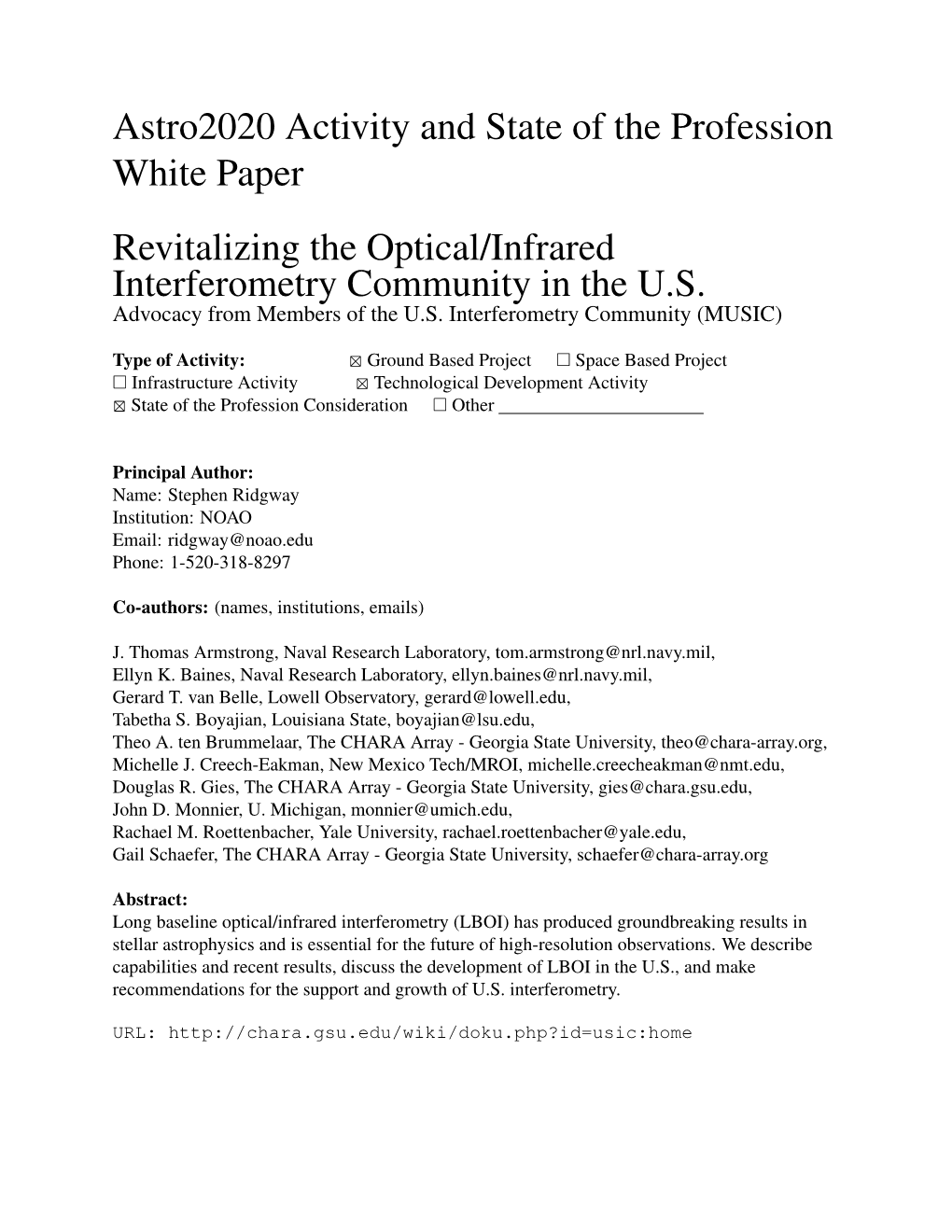 Astro2020 Activity and State of the Profession White Paper Revitalizing the Optical/Infrared Interferometry Community in the U.S