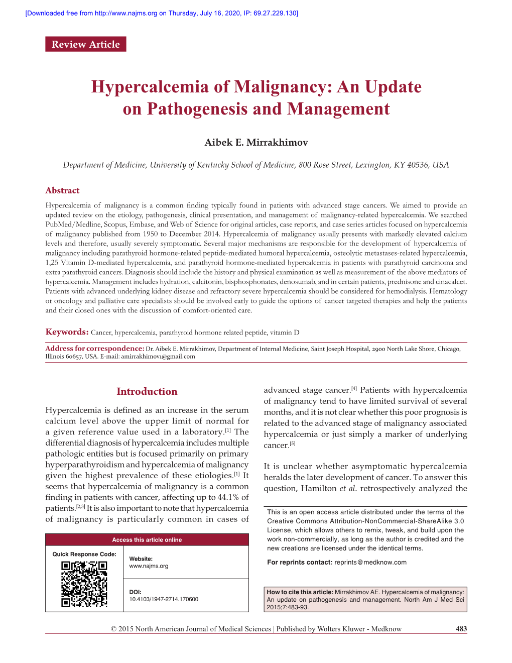 Hypercalcemia of Malignancy: an Update on Pathogenesis and Management