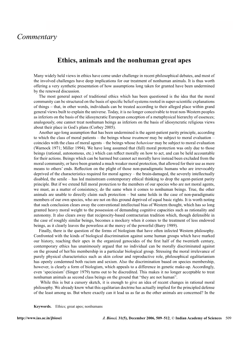 Ethics, Animals and the Nonhuman Great Apes