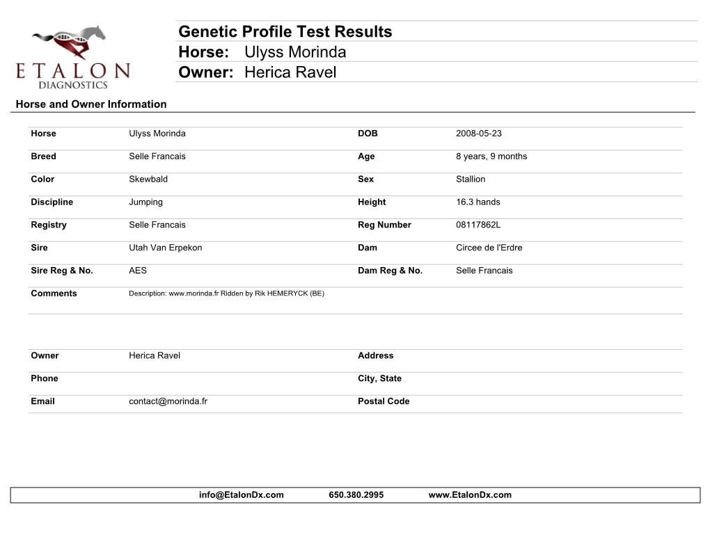 Genetic Profile Test Results Horse: Ulyss Morinda Owner: Herica Ravel