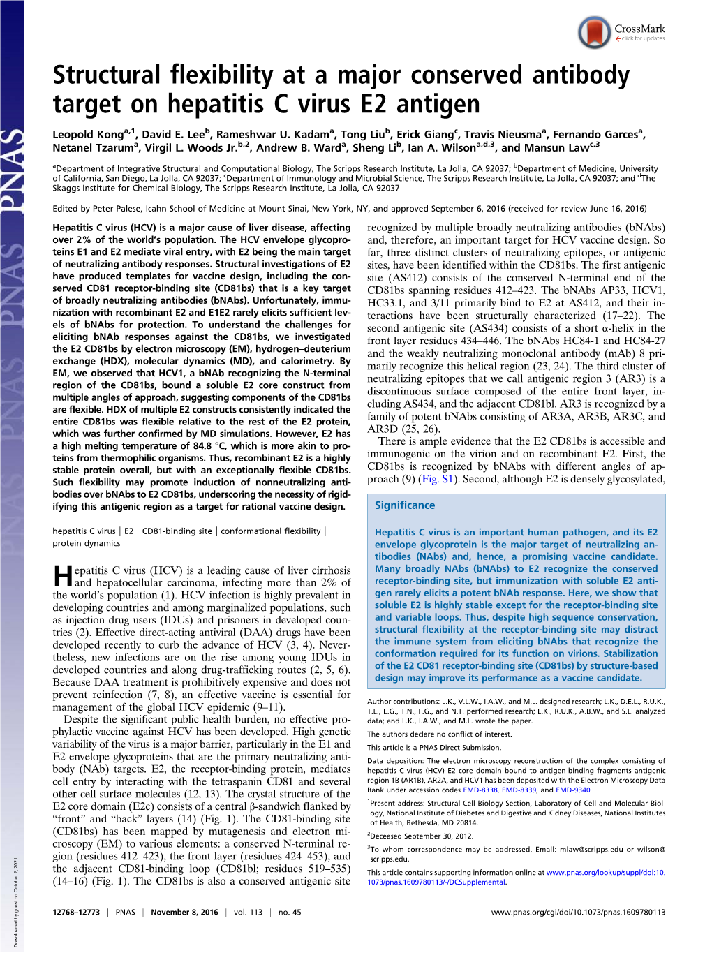 Structural Flexibility at a Major Conserved Antibody Target on Hepatitis C Virus E2 Antigen